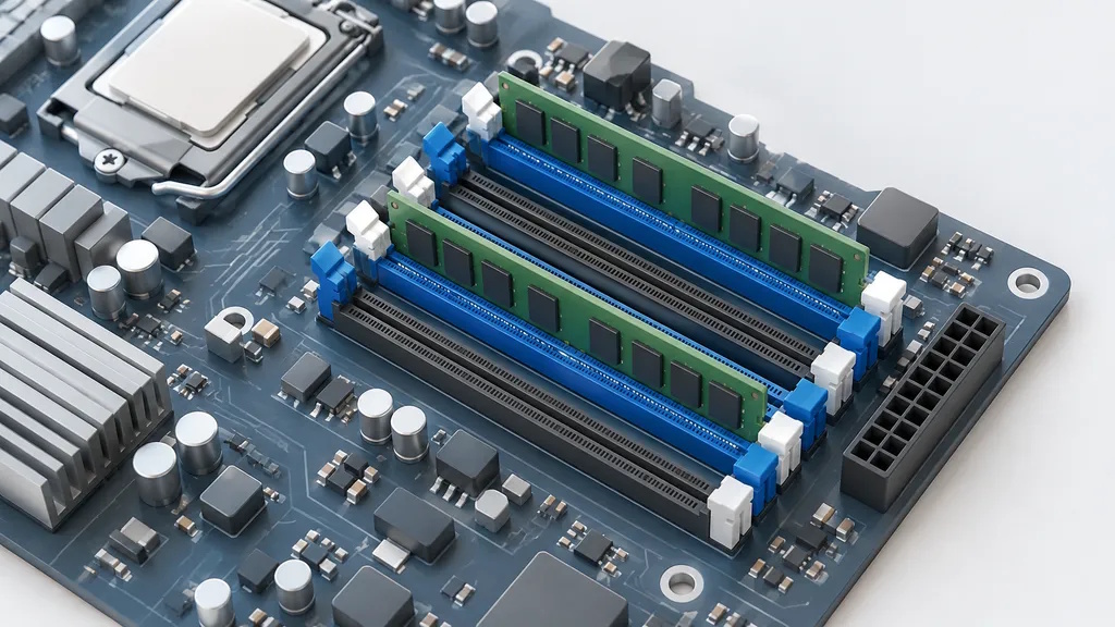 Two memory modules installed in alternating motherboard sockets beside two empty sockets